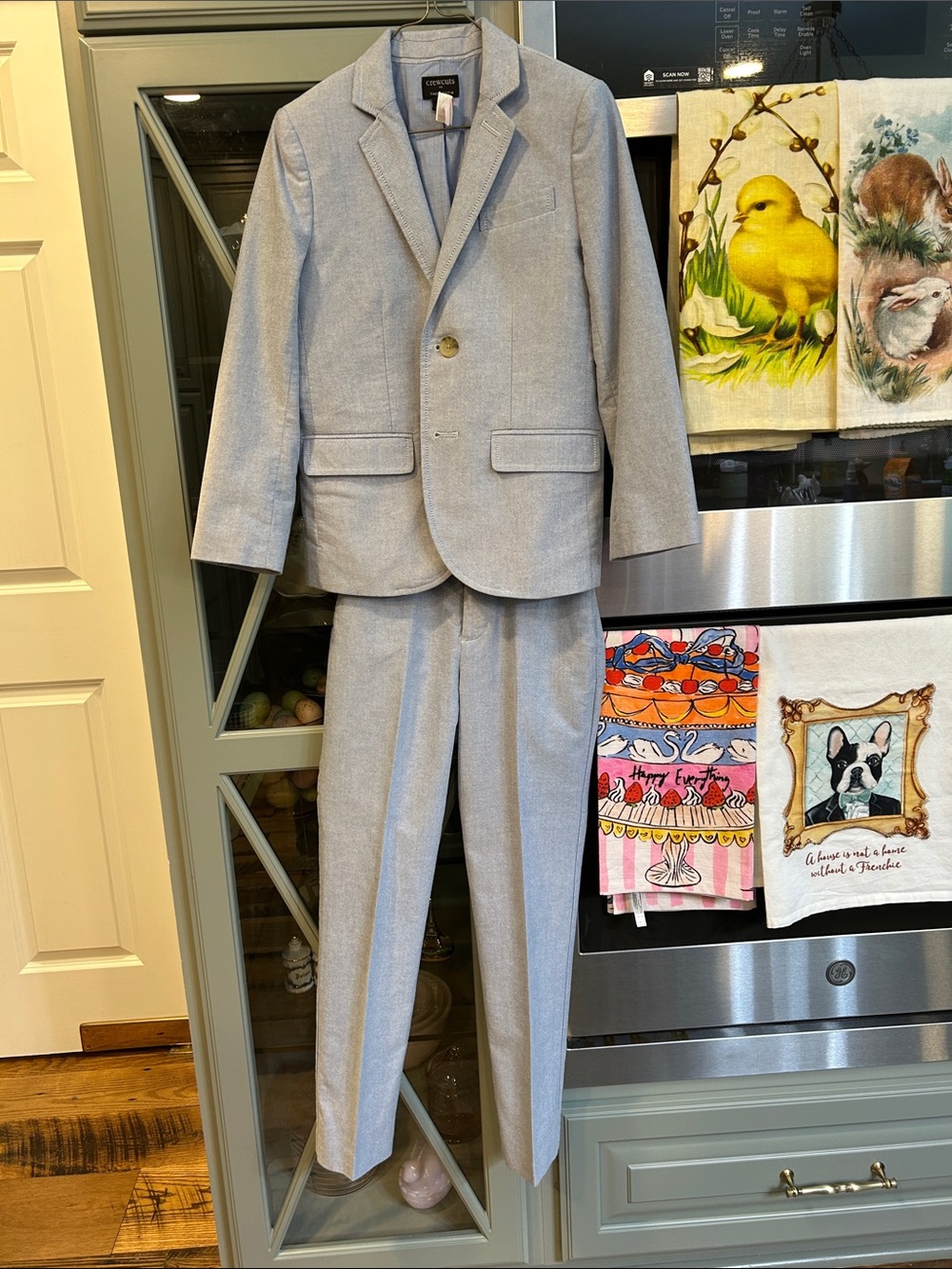 J. Crew Light Blue Oxford Cloth Three-Piece Suit Jacket, White Shirt & Pants 8